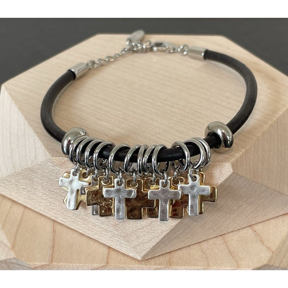 Cross Charm Silvertone Goldtone Black Demdaco Adjustable Bracelet